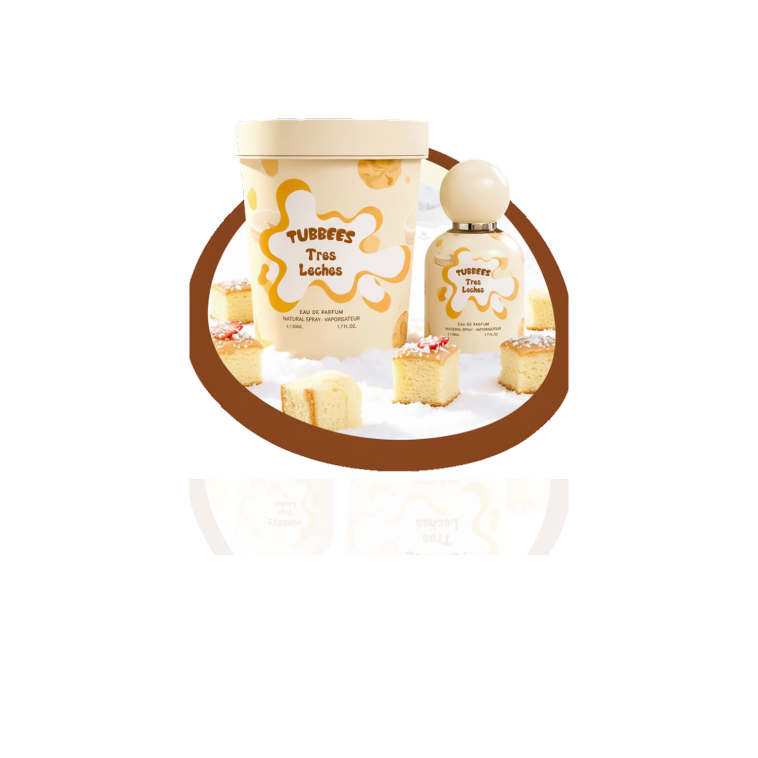 Tubbees Tres Leches EDP 50ml sobre fondo blanco con reflejo suave