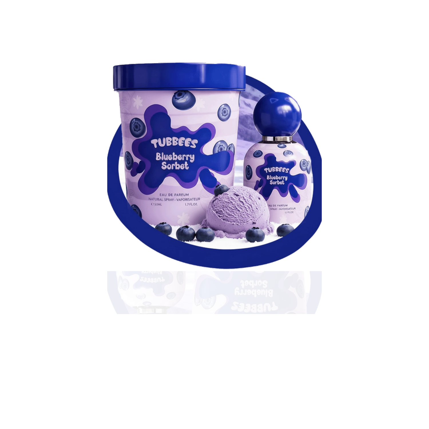 Tubbees Blueberry Sorbet EDP 50ml sobre fondo blanco con reflejo suave