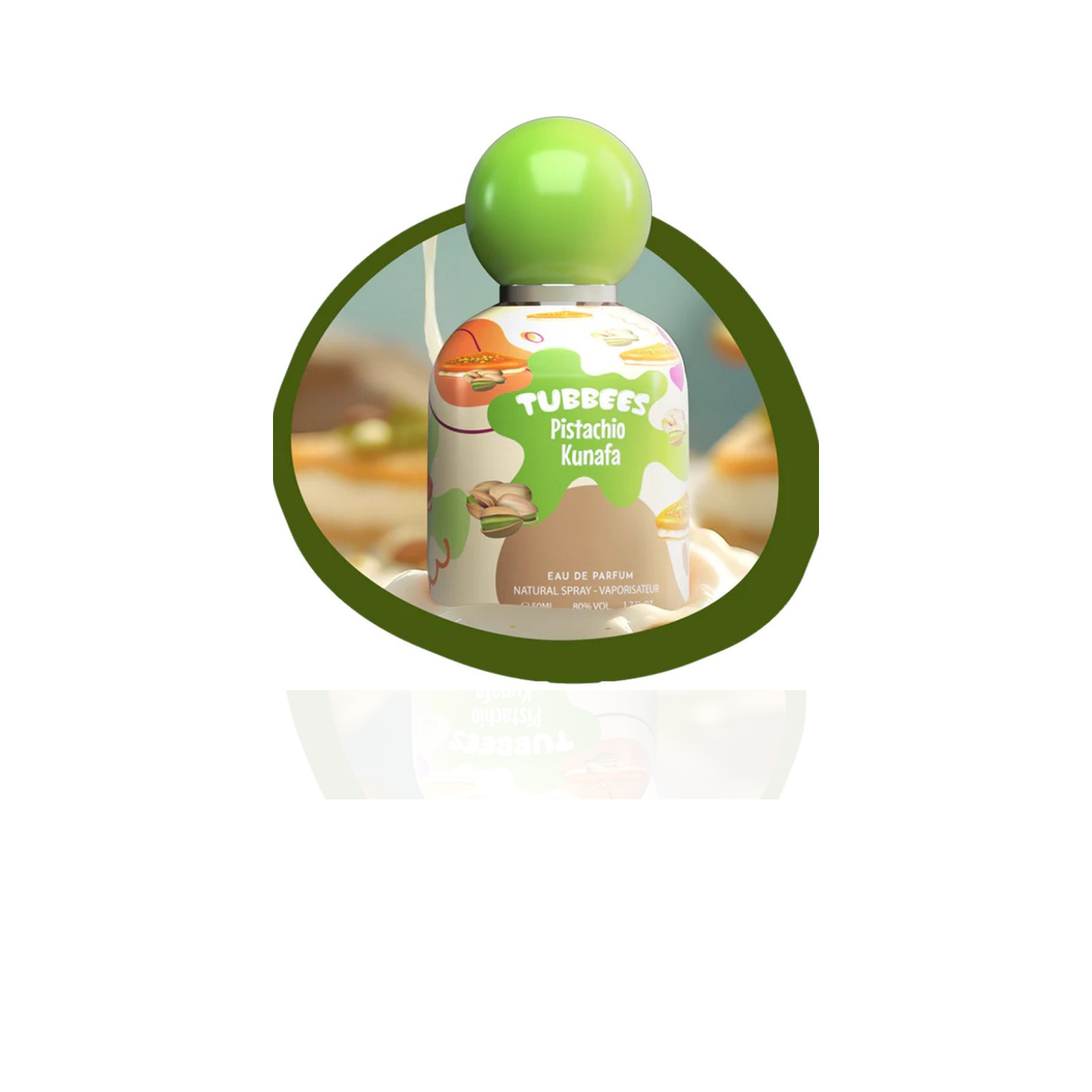 Tubbees Pistachio Kunafa EDP 50ml sobre fondo blanco con reflejo suave