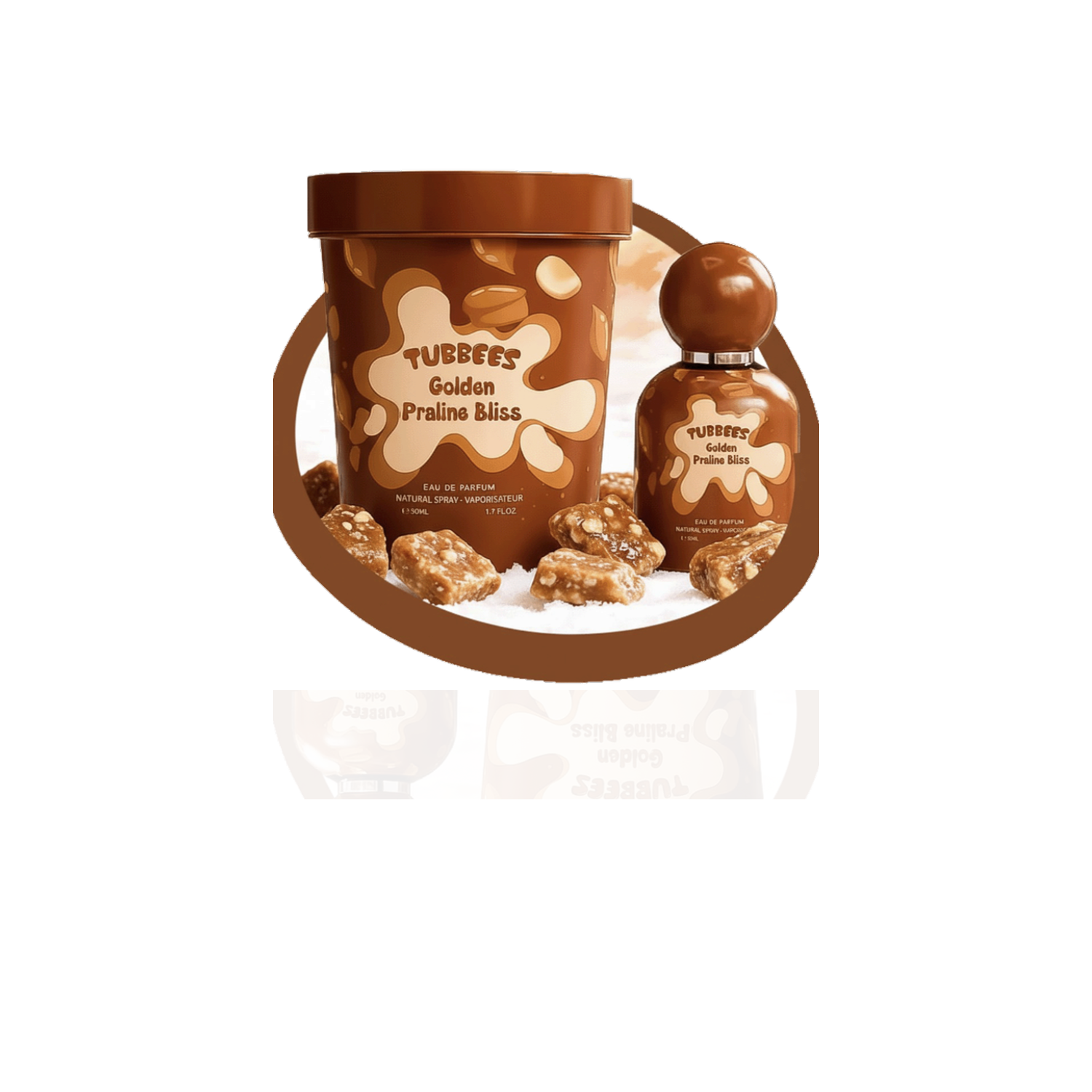 Tubbees Golden Praline Bliss EDP 50ml sobre fondo blanco con reflejo suave