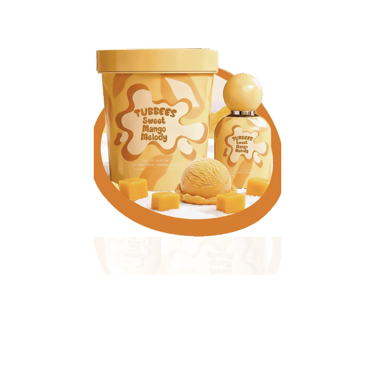 Tubbees Sweet Mango Melody EDP 50ml sobre fondo blanco con reflejo suave